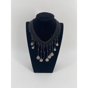 Vintage Boho Coin‎ Necklace Black Beaded Fringe Tribal Gypsy Statement Bib